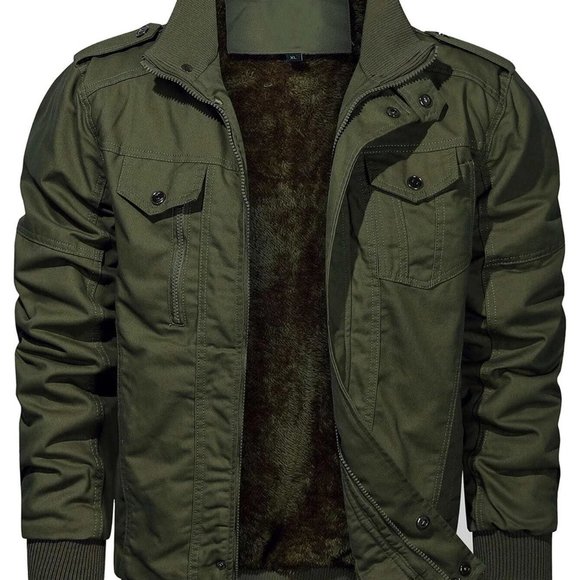 Casual Army Green Teddy Lined Men's Jacket Zipper - Picture 2 of 8
